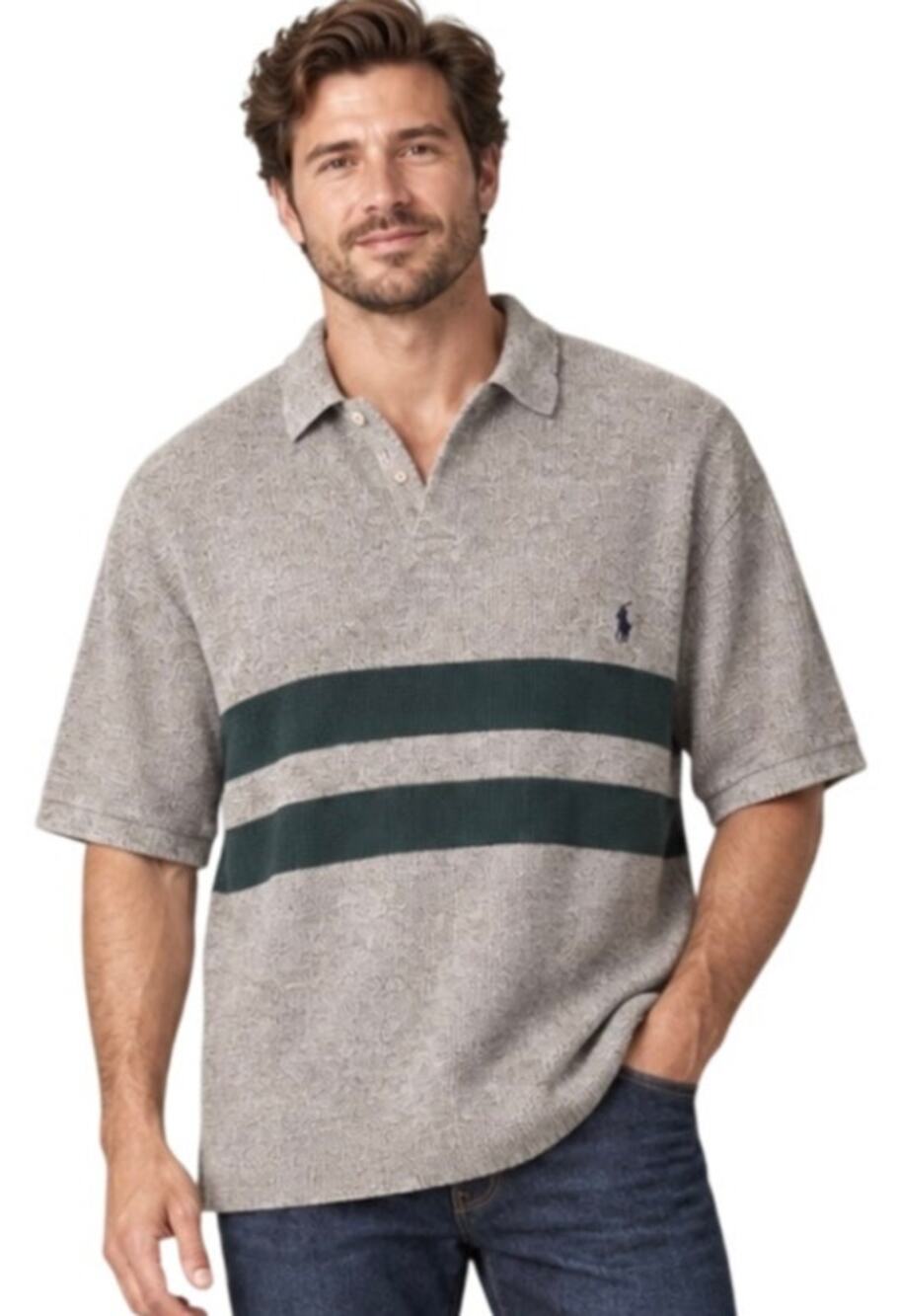 Polo Ralph Lauren Gray Green Striped Cotton Knit Polo Shirt, Men's Large